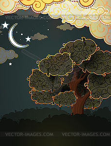 Cartoon landscape. Tree clouds and moon - vector EPS clipart