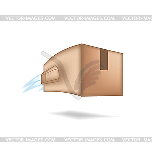 Fast package delivery concept. Box with jet engine - vector clip art