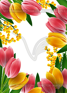 Mimosas and tulips frame design template - vector clip art