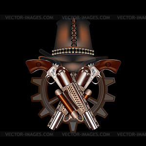 Two steampunk revolvers and hat - royalty-free vector image