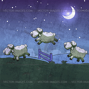 Three sheep jumping over fence. Count them to sleep - vector image