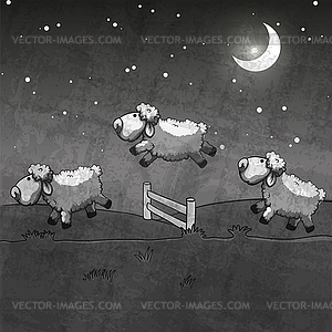 Three sheep jumping over fence. Count them to sleep - white & black vector clipart