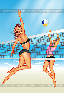 Two young women playing beach volleyball - vector image