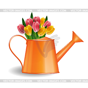 Watering can with bunch of tulips - vector image