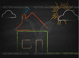 Дом с Wi-Fi знак обращается мелом на доске - векторизованный клипарт