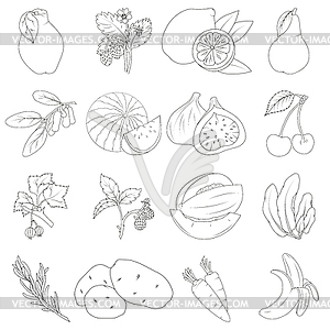 Coloring book. Set of fruits and vegetables - vector image