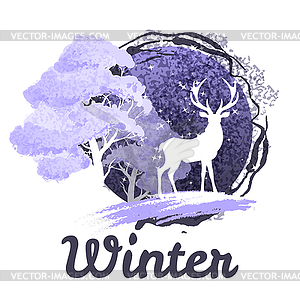 Frosty winter concept deer in front of tree - stock vector clipart