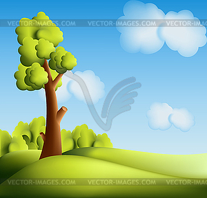 Bright cartoon landscape with tree - vector clip art