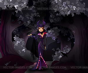 Maleficent character in front of dark forest - color vector clipart