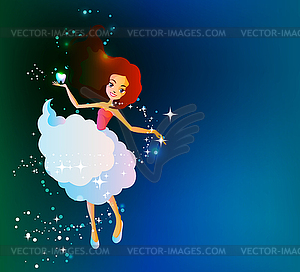 Tooth fairy holding lost tooth in hand in front of - vector image