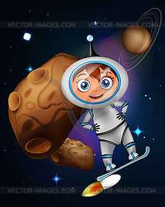 Cute cartoon astronaut surfing on jet board in fron - vector image