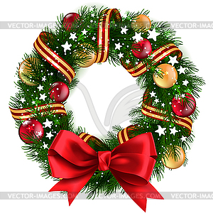 Christmas Wreath with ribbons, balls and bow - vector image