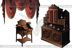 Набор мебели с занавеской - стоковый векторный клипарт