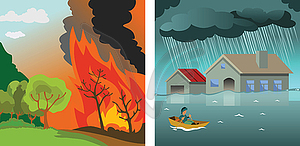 Стихийные бедствия, пожары и наводнения - векторный клипарт EPS