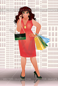 Plus size shopping woman in red dress, vector  - vector clip art