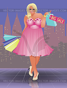 Plus size shopping woman in city, vector illustration - vector image