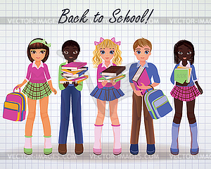 Cute little school girl and boy friends, vector illustr - vector image