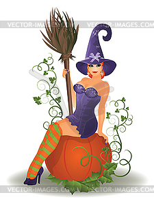 Halloween sexy witch with pumpkins, vector illustration - vector image