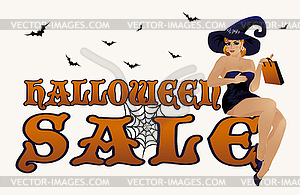 Halloween sale card, shopping witch, vector illustratio - royalty-free vector image