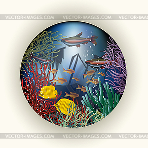 Underwater card with old ship, vector illustration - color vector clipart