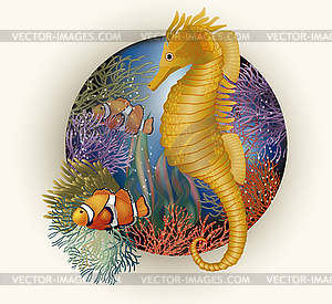 Underwater card with seahorse, vector - vector image