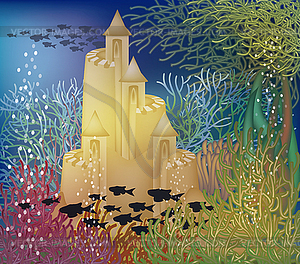 Underwater wallpaper with sand castle, vector illustrat - vector clipart