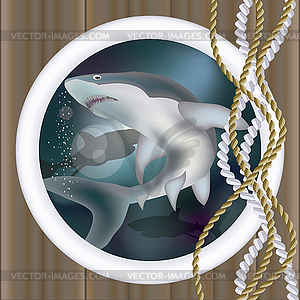 Underwater ship porthole with shark, vector illustratio - vector clip art