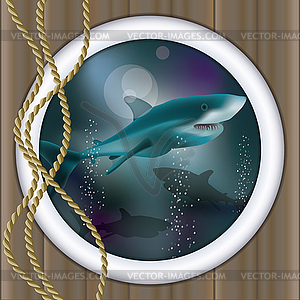 Underwater ship porthole background with shark, vector  - vector clipart