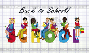 Back to School. Little schoolgirls and schoolboys - vector clip art