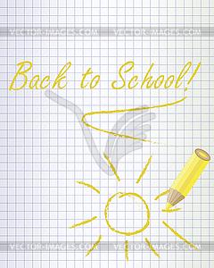 Back to school background with a yellow pencil and sun, - vector image