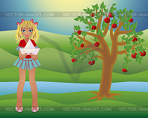 Little summer girl and seasons tree, vector - vector clipart