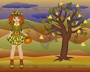 Little autumn girl and seasons tree, vector - vector image