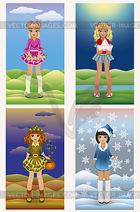 Set seasons little girls, vector illustration - vector image