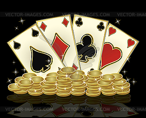 Poker cards and golden coins, vector illustration - vector image