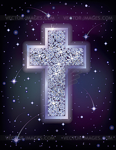 Brilliant cross in starry night sky, holiday background - vector EPS clipart