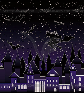 Night city and flying beautiful sexy witch silhouette,  - vector image