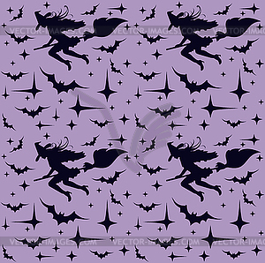 Seamless pattern with flying sexy witch silhouette - vector clip art