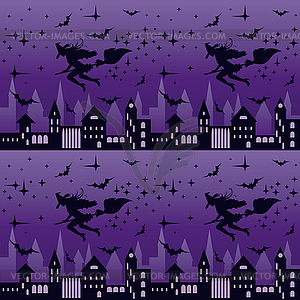 Night city with flying witch silhouette, seamless  - vector image