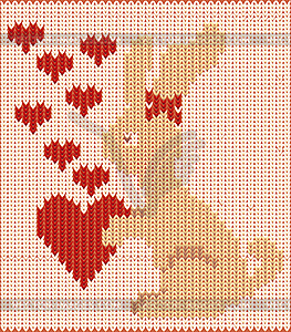 Valentines day card with knitted rabbit and hearts - vector clipart