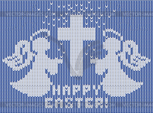 Happy Easter knitted card, angels and cross, vector - vector clip art