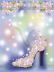 Spring sakura shoes greeting card, vector illustration - vector clipart