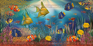 Underwater background with tropical fish, vector  - royalty-free vector image