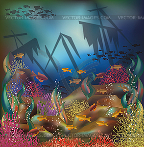 Underwater background sunken ship, vector illustration - vector clip art