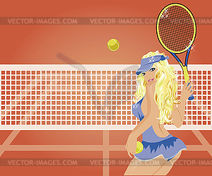 Young pretty tennis player on the tennis court, vector  - vector clipart