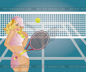 Красивая сексуальная теннисистка на теннисном корте - иллюстрация в векторе