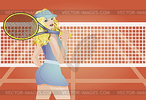 Beautiful tennis player on the tennis court, vector - vector image