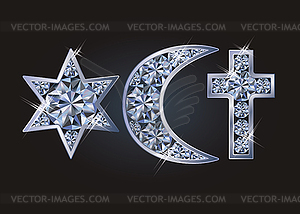 Религиозные символы еврейская звезда Давида, исламский полумесяц - векторный дизайн