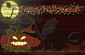 Happy Halloween greeting card with black cat, vector  - vector image