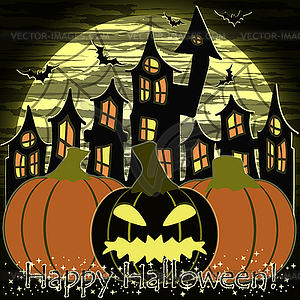 Happy Halloween card with pumpkins, vector illustration - royalty-free vector image