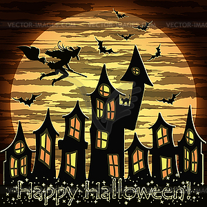 Happy Halloween card with witch and magic castle - vector clip art